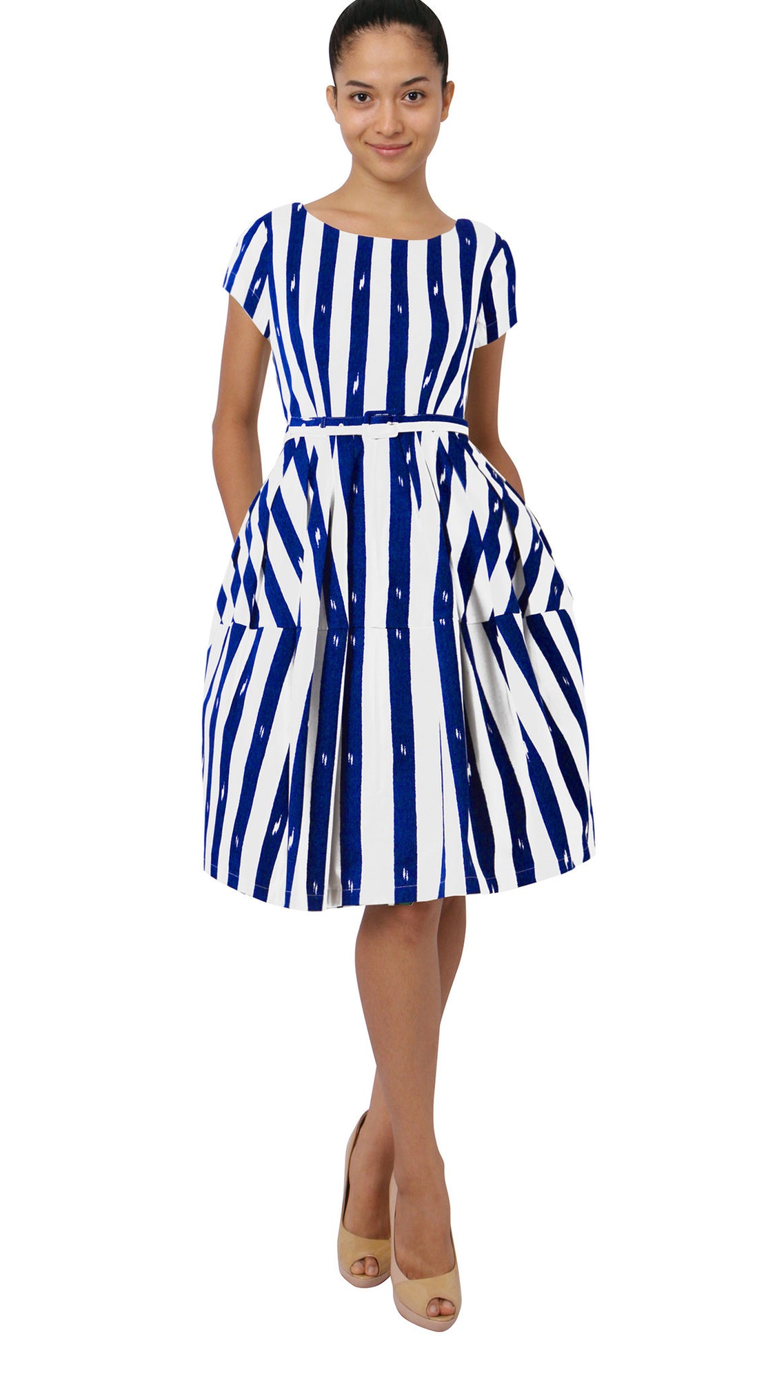 Short Sleeve | Amqalfi Stripe | White Indigo | Front | Dress By Samantha Sung