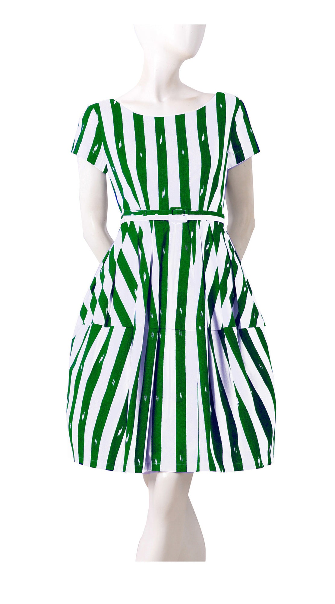 Short Sleeve | Amqalfi Stripe | White Pine Green | Front | Dress By Samantha Sung