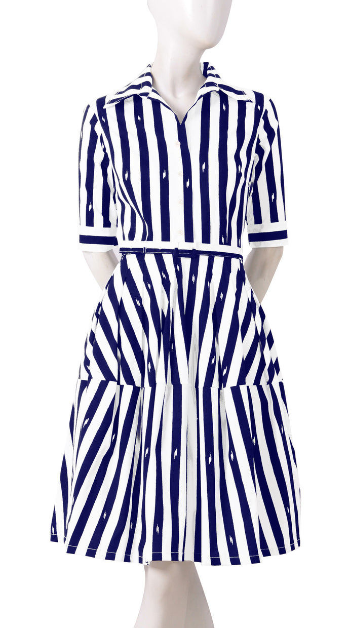1/2 Sleeve | Amalfi Stripe | White Indigo | Front | Shirt Dress By Samantha Sung