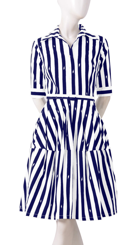 1/2 Sleeve | Amalfi Stripe | White Ivy Green | Front | Shirt Dress By Samantha Sung