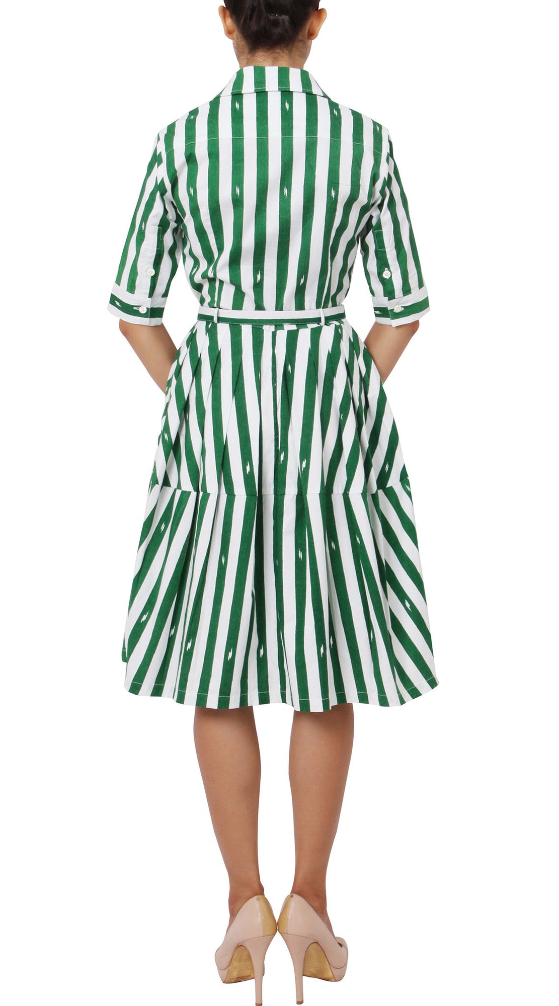 1/2 Sleeve | Amalfi Stripe | White Ivy Green | Back | Shirt Dress By Samantha Sung