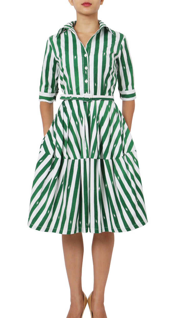 1/2 Sleeve | Amalfi Stripe | White Ivy Green | Front | Shirt Dress By Samantha Sung