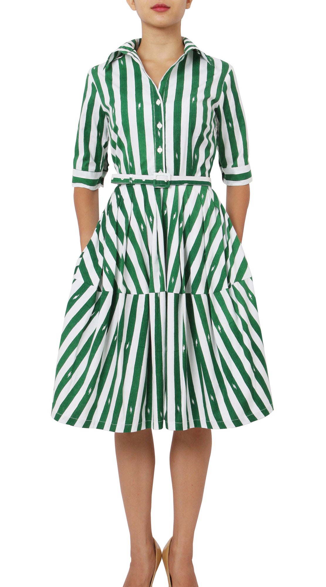 1/2 Sleeve | Amalfi Stripe | White Ivy Green | Front | Shirt Dress By Samantha Sung