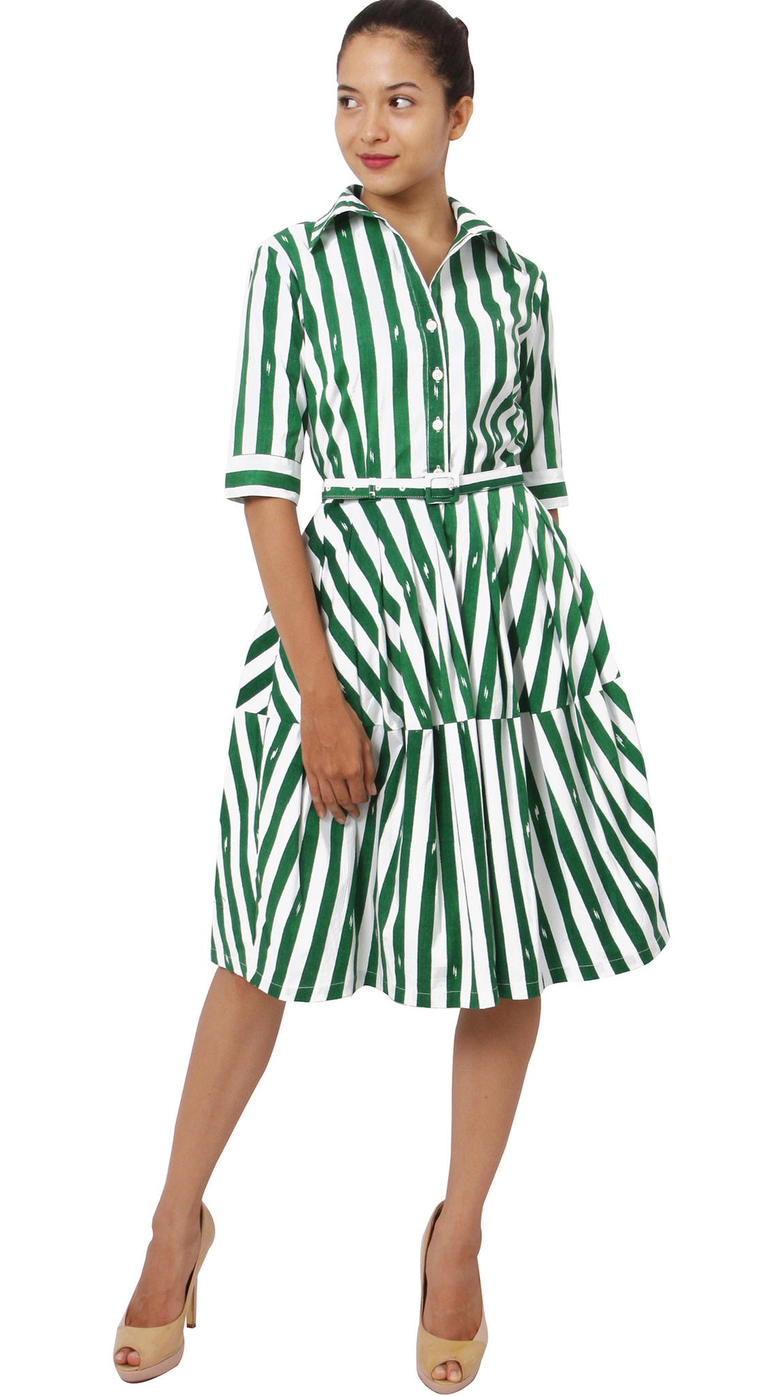 1/2 Sleeve | Amalfi Stripe | White Ivy Green | Front | Shirt Dress By Samantha Sung