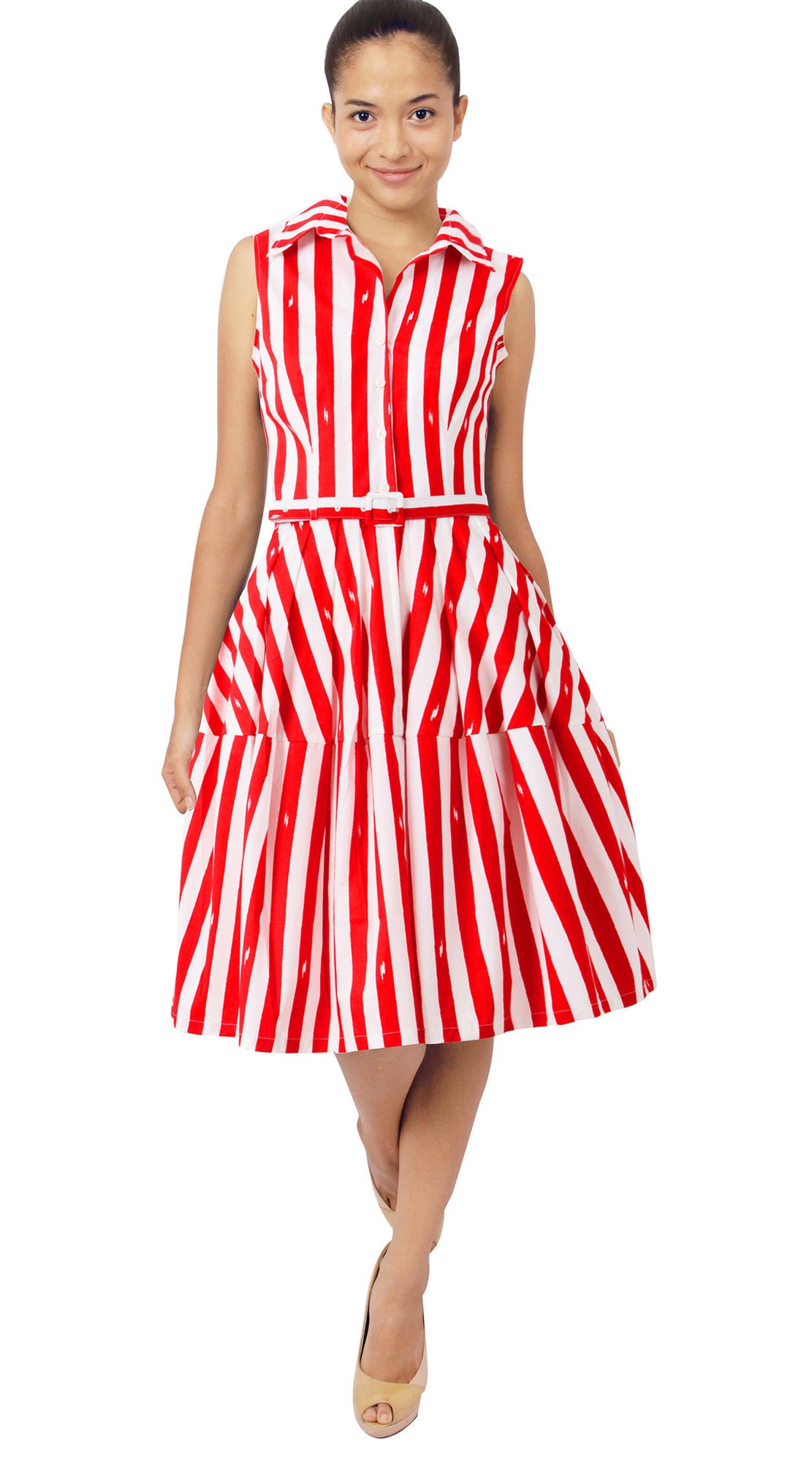 Sleeveless | Amalfi Stripe | White Red | Front | Shirt Dress By Samantha Sung
