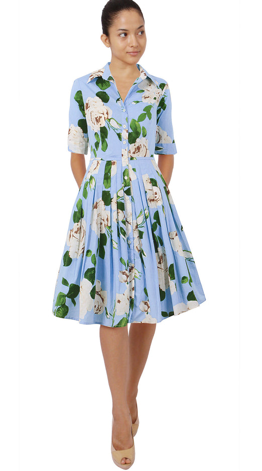 1/2 Sleeve | Amber Queen | Soft Sky Blue Ivory | Front | Shirt Dress By Samantha Sung