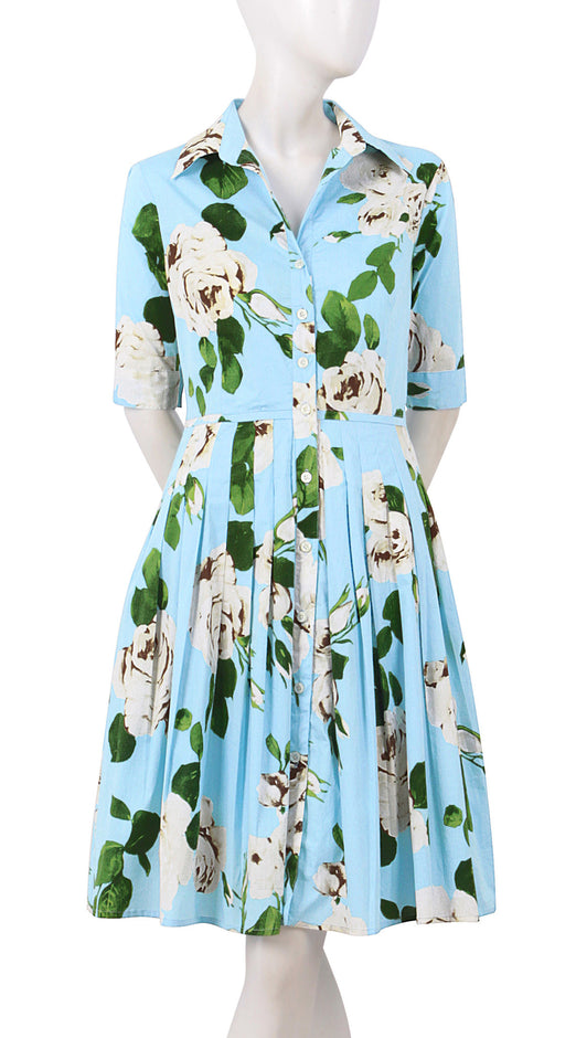 1/2 Sleeve | Amber Queen | Soft Sky Blue Ivory | Front | Shirt Dress By Samantha Sung