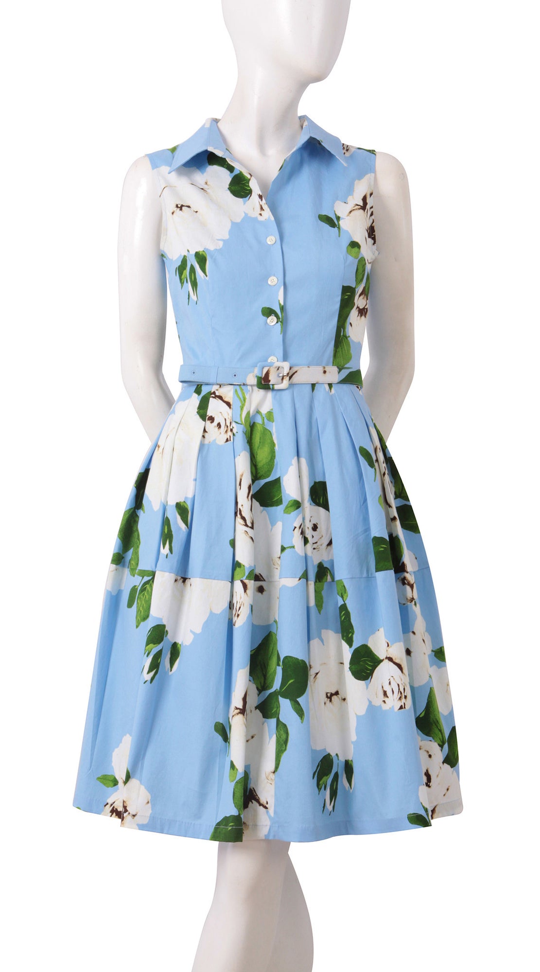 Sleeveless | Amber Queen | Soft Sky Blue Ivory | Front | Shirt Dress By Samantha Sung