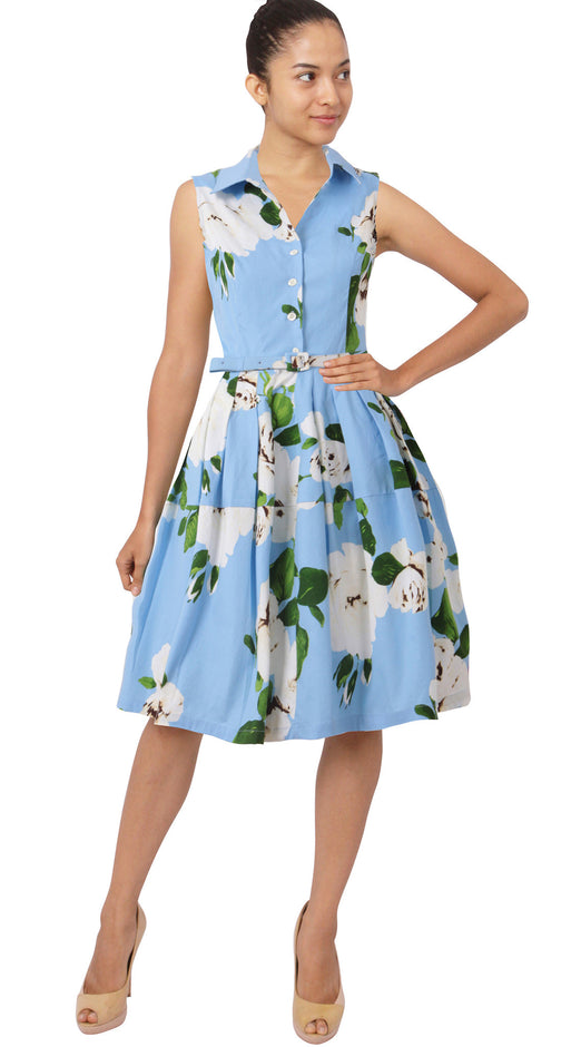 Sleeveless | Amber Queen | Soft Sky Blue Ivory | Front | Shirt Dress By Samantha Sung