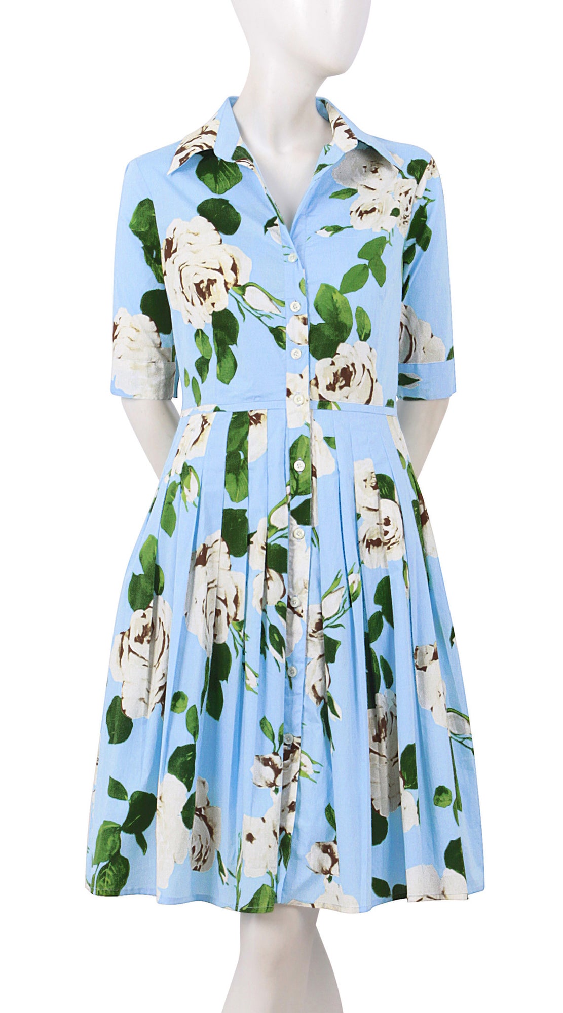 1/2 Sleeve | Amber Queen | Soft Sky Blue Ivory | Front | Shirt Dress By Samantha Sung