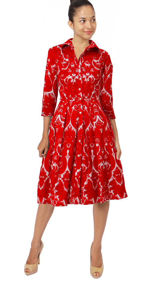 3/4 Sleeve | Antoinette Bright | White Indian Red | Style | Shirt Dress By Samantha Sung