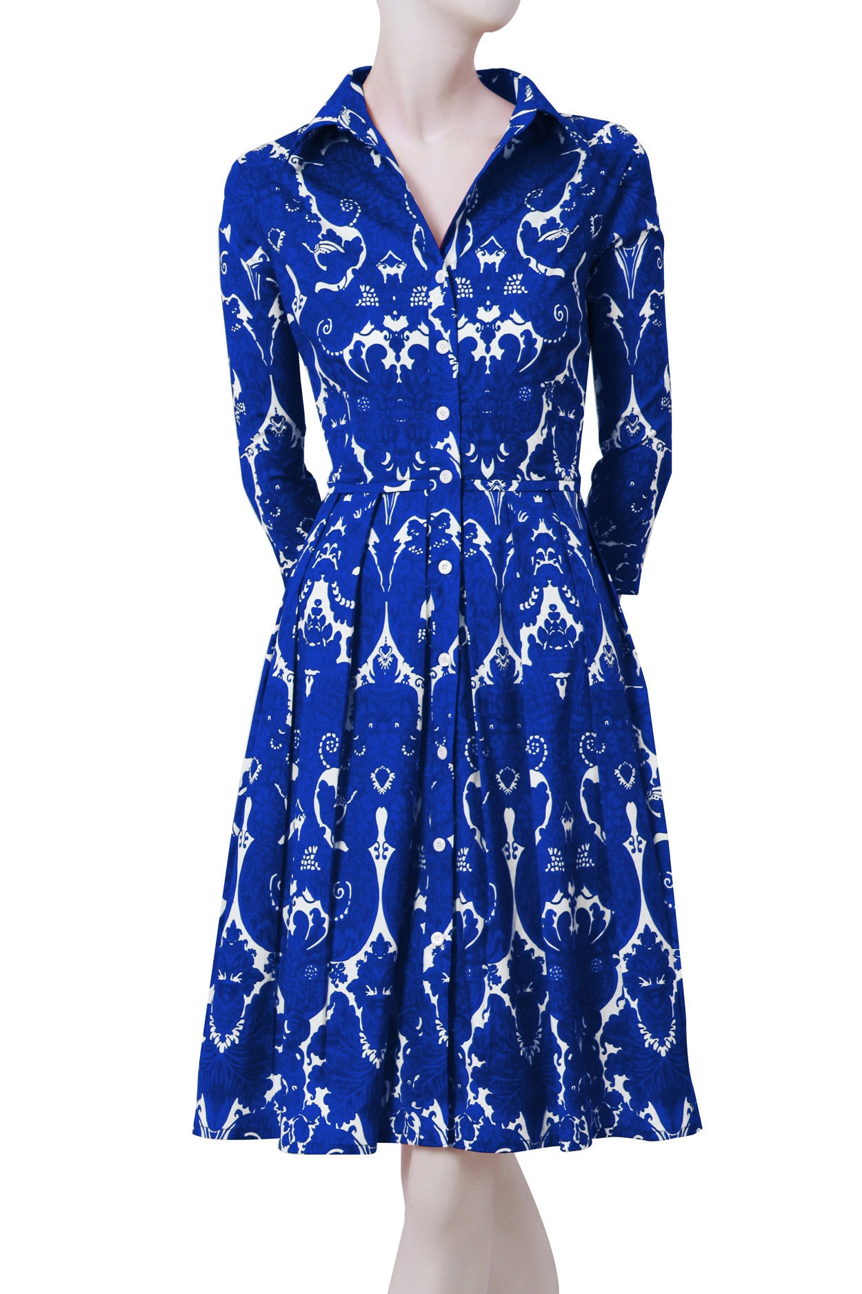 3/4 Sleeve | Antoinette Bright | White Admiral Blue | Front | Shirt Dress By Samantha Sung