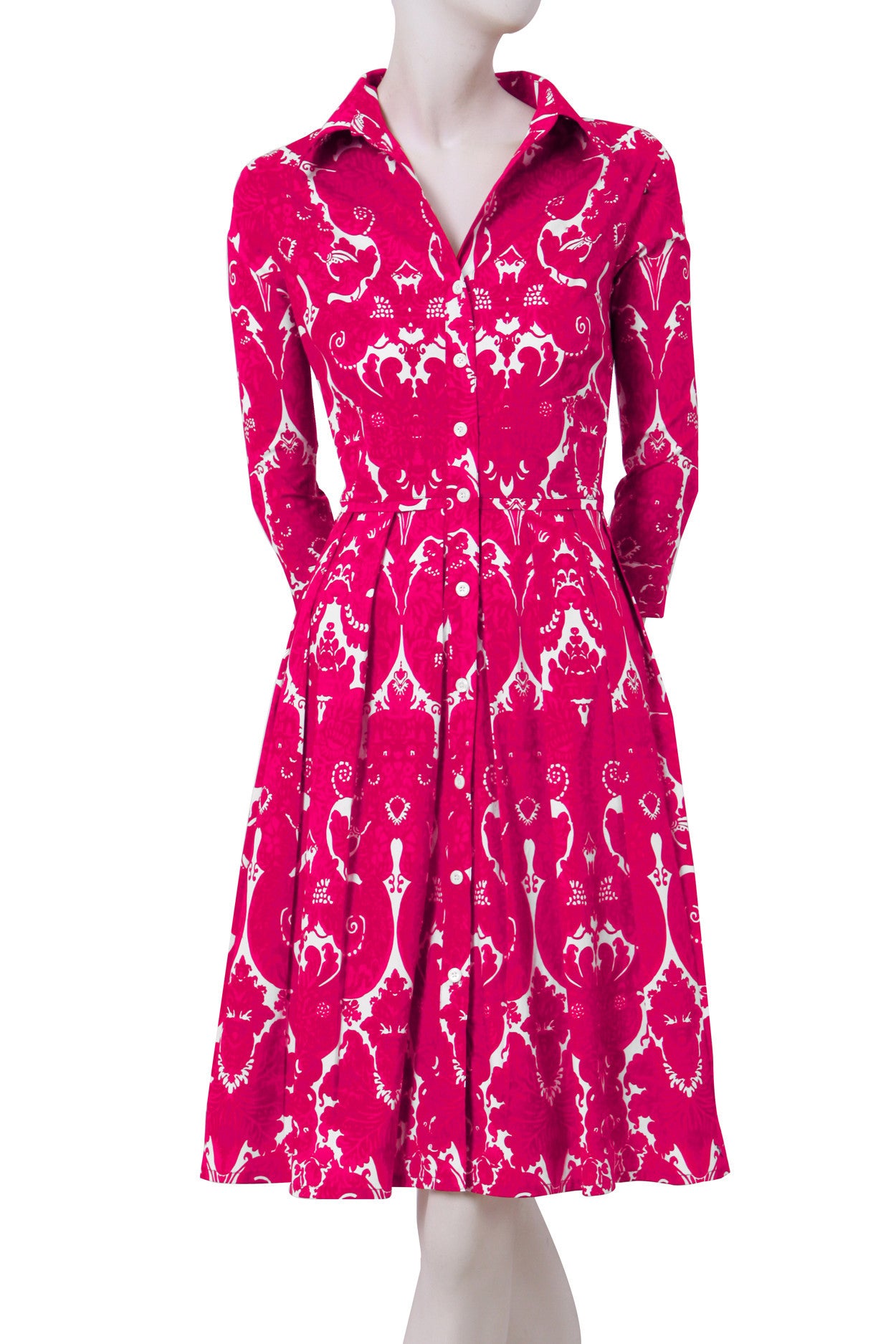 3/4 Sleeve | Antoinette Bright | White Fuchsia | Front | Shirt Dress By Samantha Sung