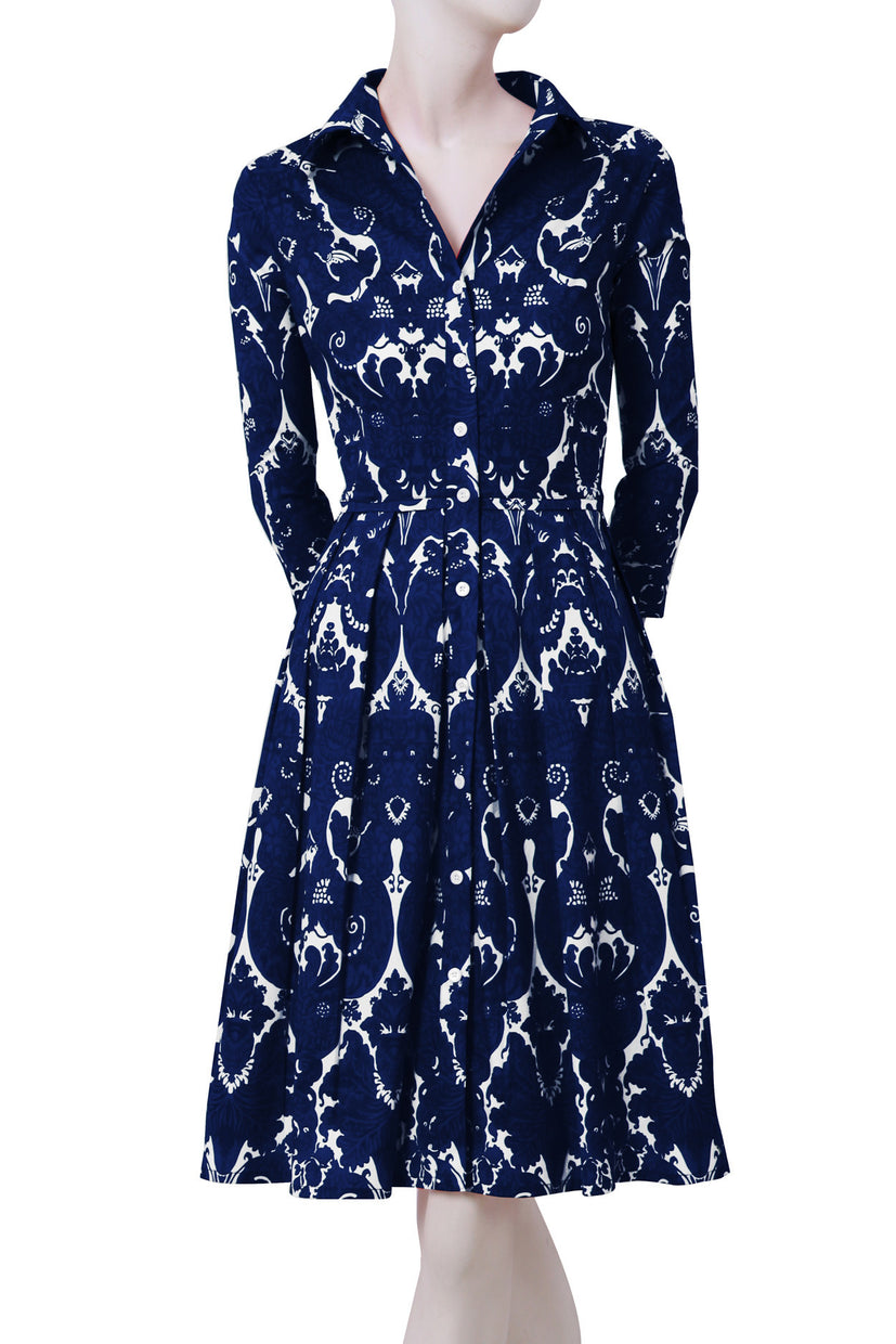 3/4 Sleeve | Antoinette Bright | White Midnight Blue | Front | Shirt Dress By Samantha Sung