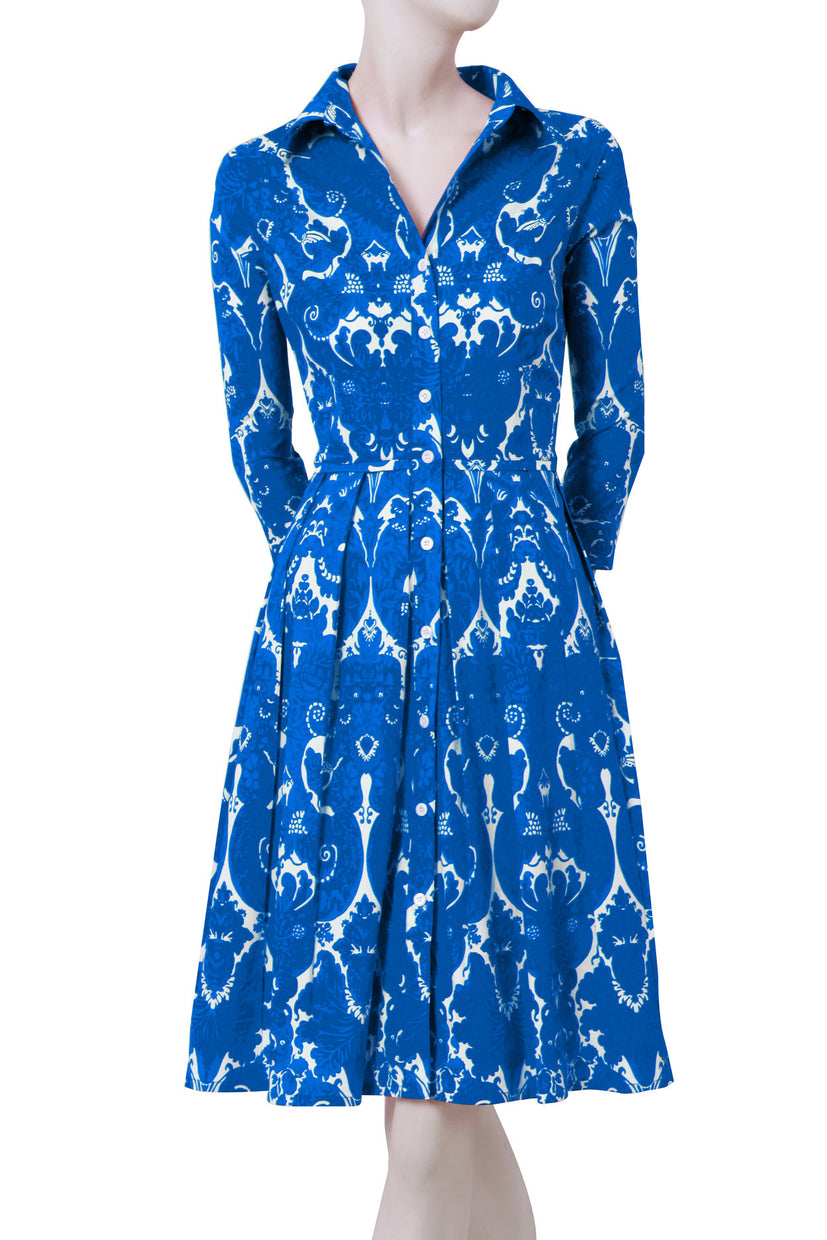 3/4 Sleeve | Antoinette Bright | White Ocean Blue | Front | Shirt Dress By Samantha Sung