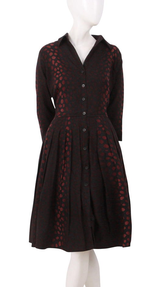 3/4 Sleeve | Black Jaguar Black | Dark Black Burgundy | Front | Shirt Dress By Samantha Sung