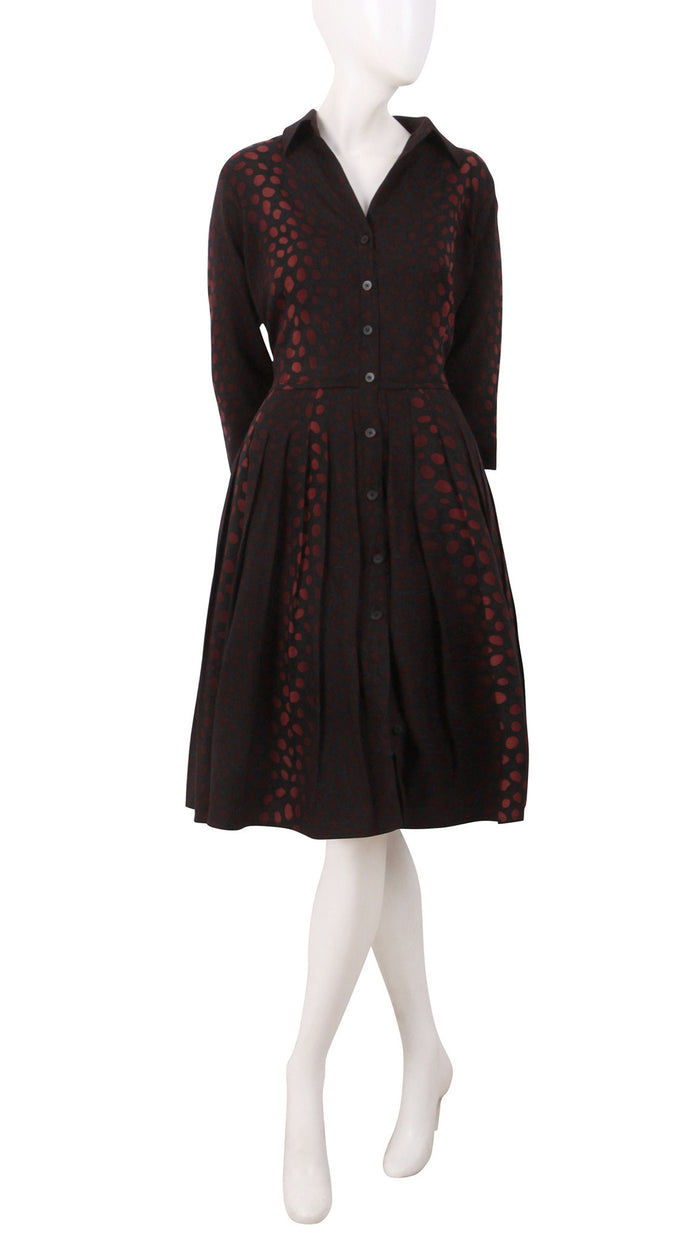 3/4 Sleeve | Black Jaguar Black | Dark Black Burgundy | Front | Shirt Dress By Samantha Sung