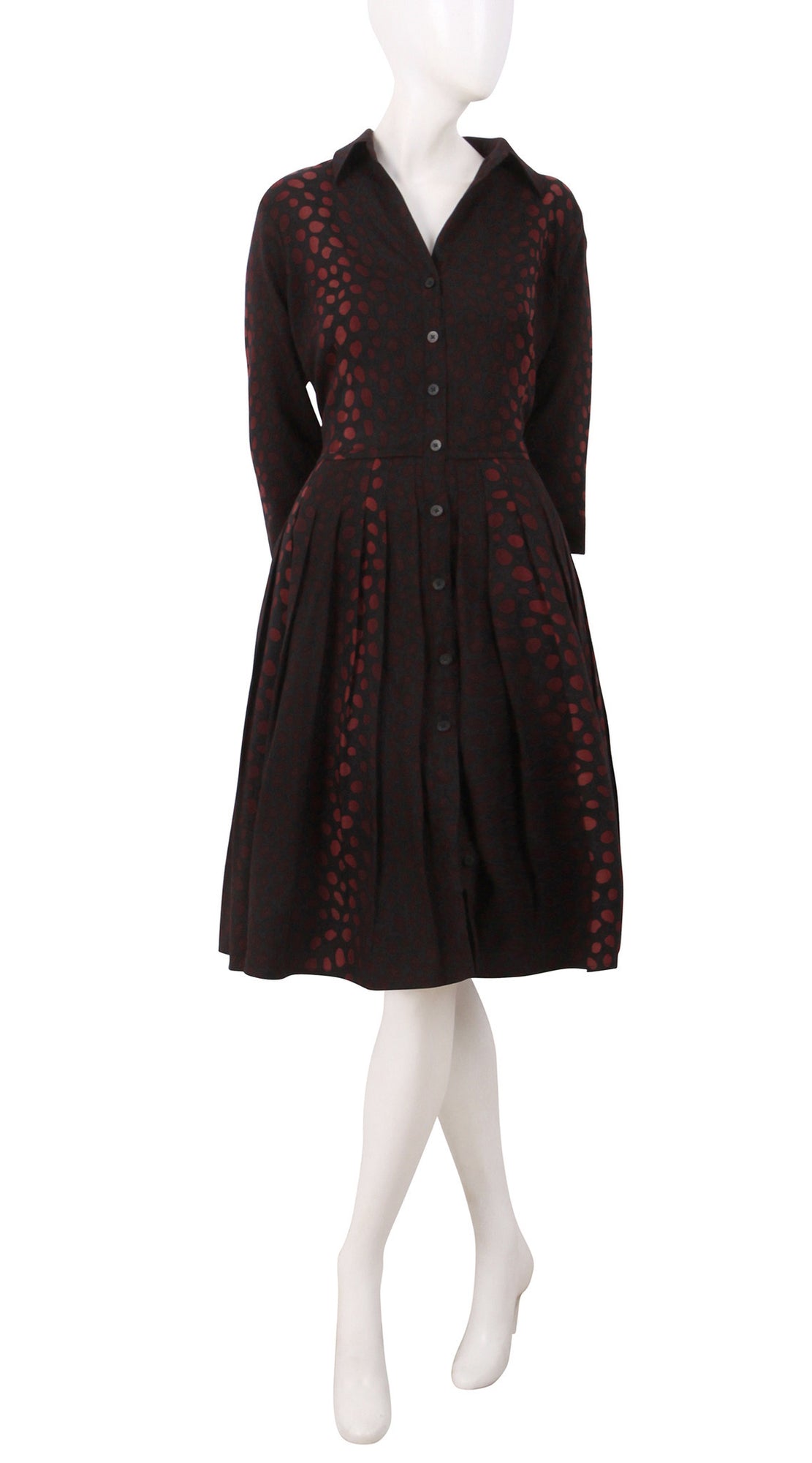 3/4 Sleeve | Black Jaguar Black | Dark Black Burgundy | Front | Shirt Dress By Samantha Sung
