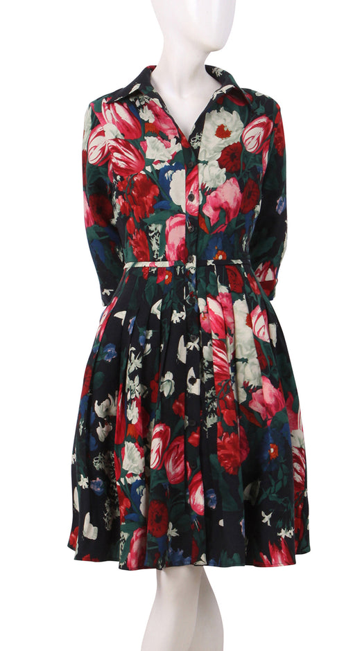 3/4 Sleeve | Bollongier Tulip Dark | Dark Black Orchid | Front | Shirt Dress By Samantha Sung