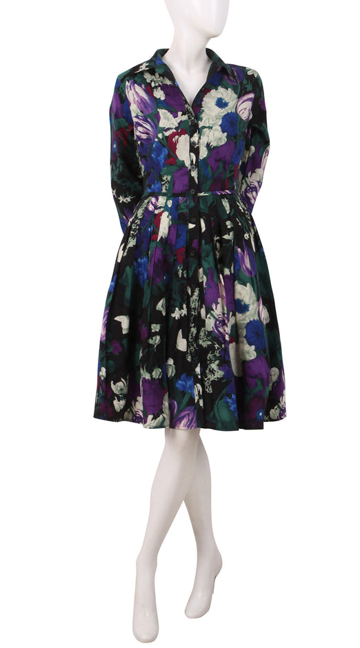 3/4 Sleeve | Bollongier Tulip Dark | Dark Black Orchid | Front | Shirt Dress By Samantha Sung