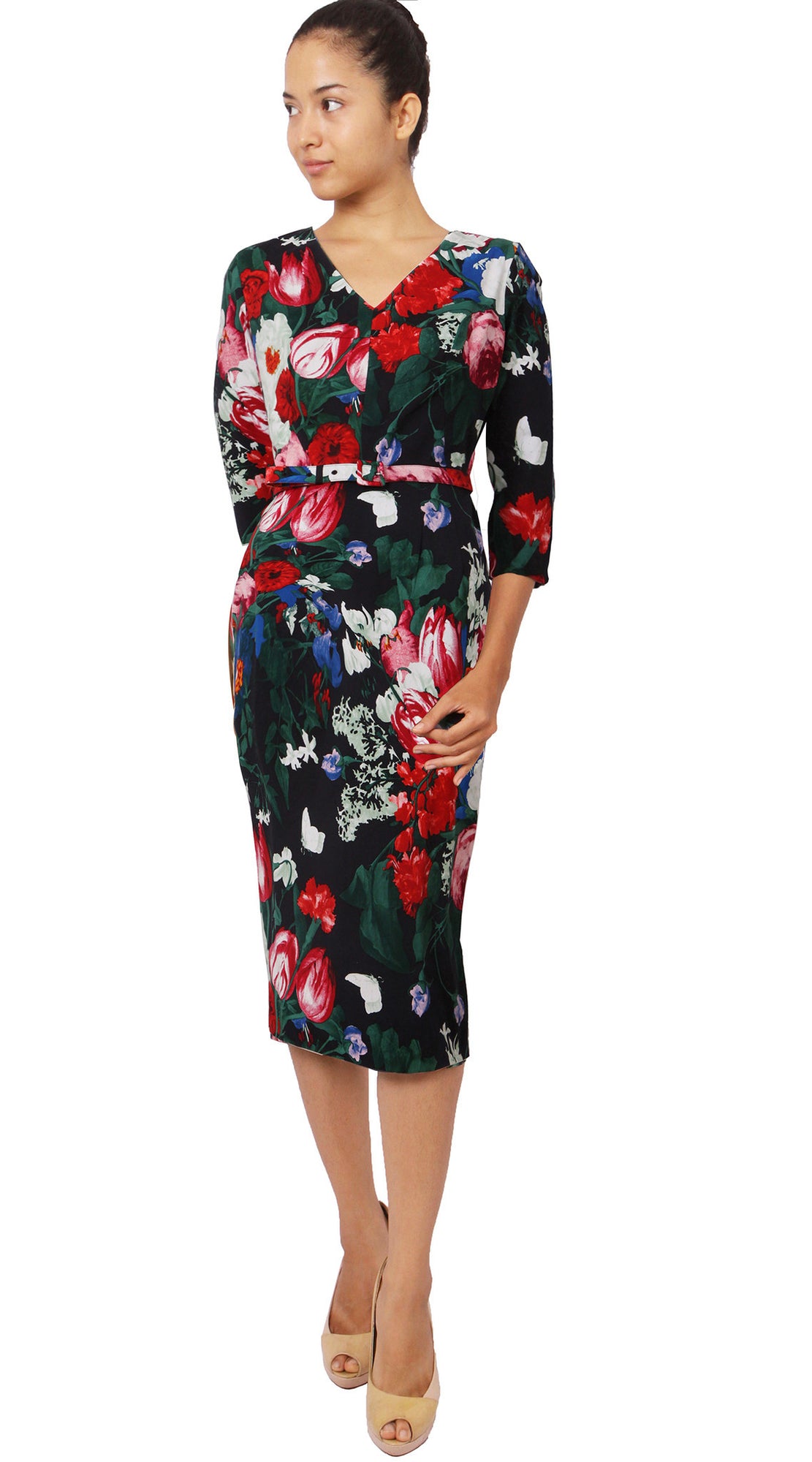 3/4 Sleeve | Bollongier Tulip | Midnight Blue Rose | Front | Dress By Samantha Sung