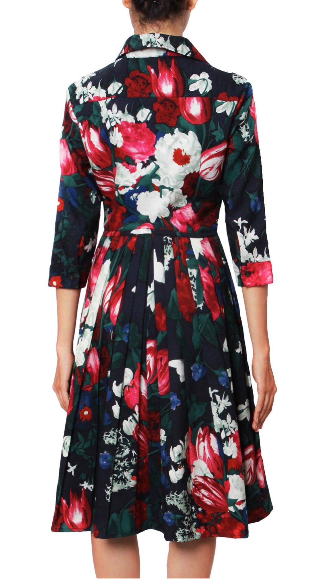 3/4 Sleeve | Bololongier Tulip | Midnight Blue Rose | Back | Shirt Dress By Samantha Sung