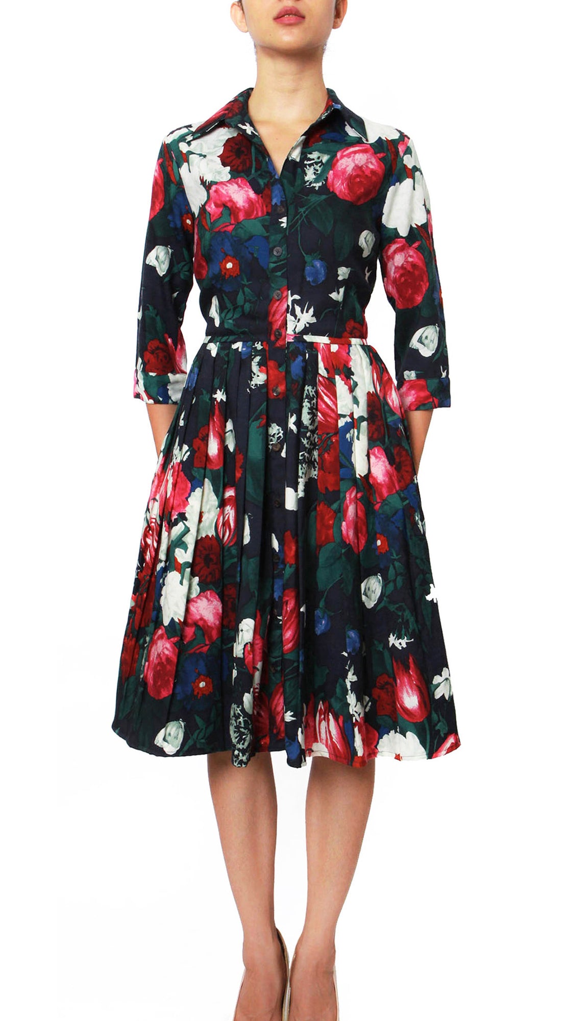 3/4 Sleeve | Bololongier Tulip | Midnight Blue Rose | Front | Shirt Dress By Samantha Sung
