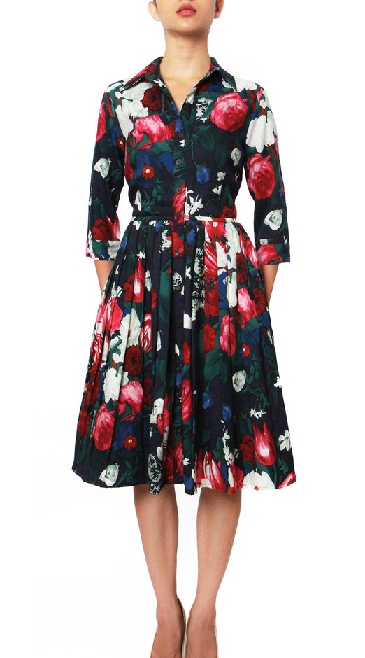 3/4 Sleeve | Bololongier Tulip | Midnight Blue Rose | Front | Shirt Dress By Samantha Sung