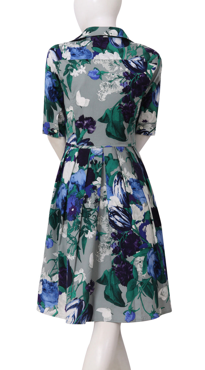 1/2 Sleeve | Bololongier Tulip | Slate Grey Teal Blue | Back | Shirt Dress By Samantha Sung