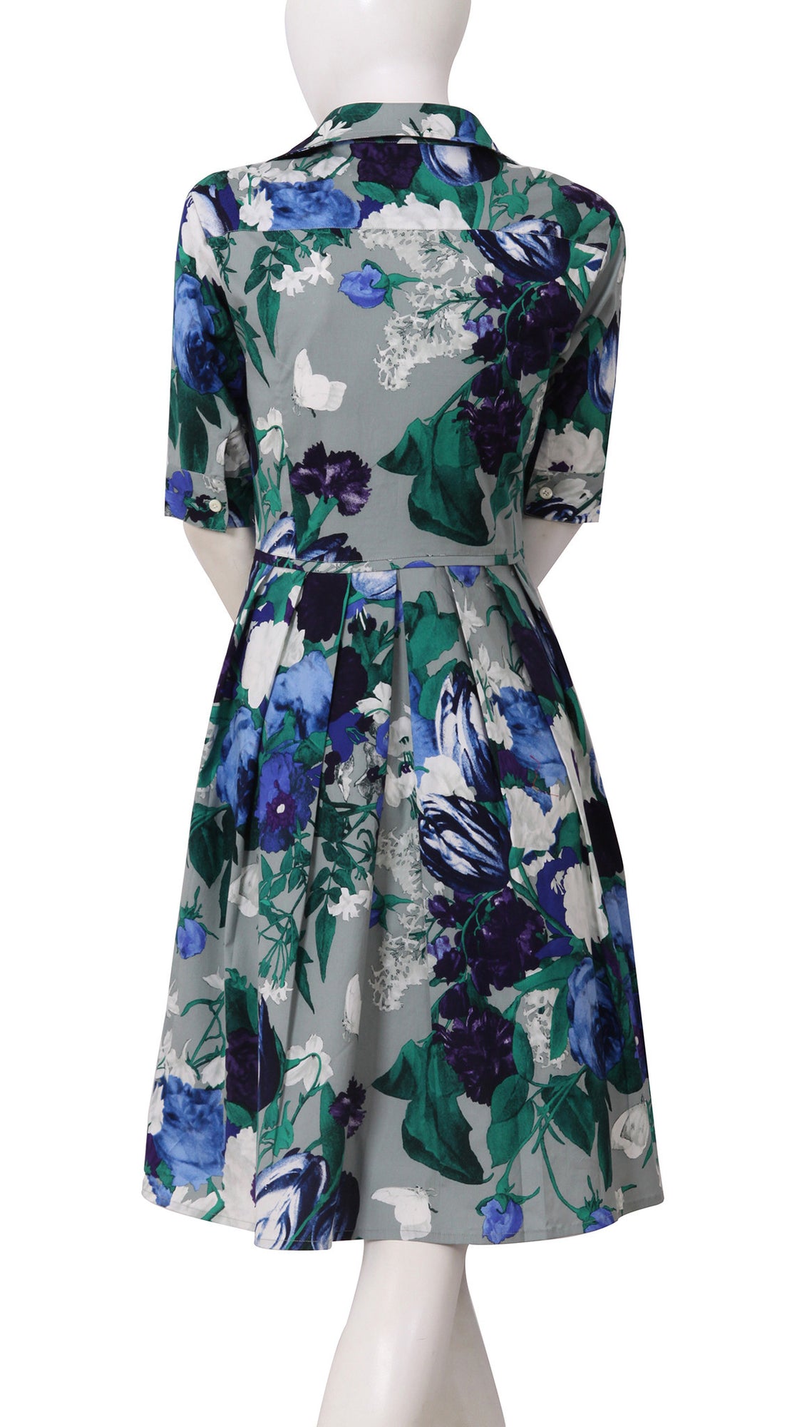 1/2 Sleeve | Bololongier Tulip | Slate Grey Teal Blue | Back | Shirt Dress By Samantha Sung