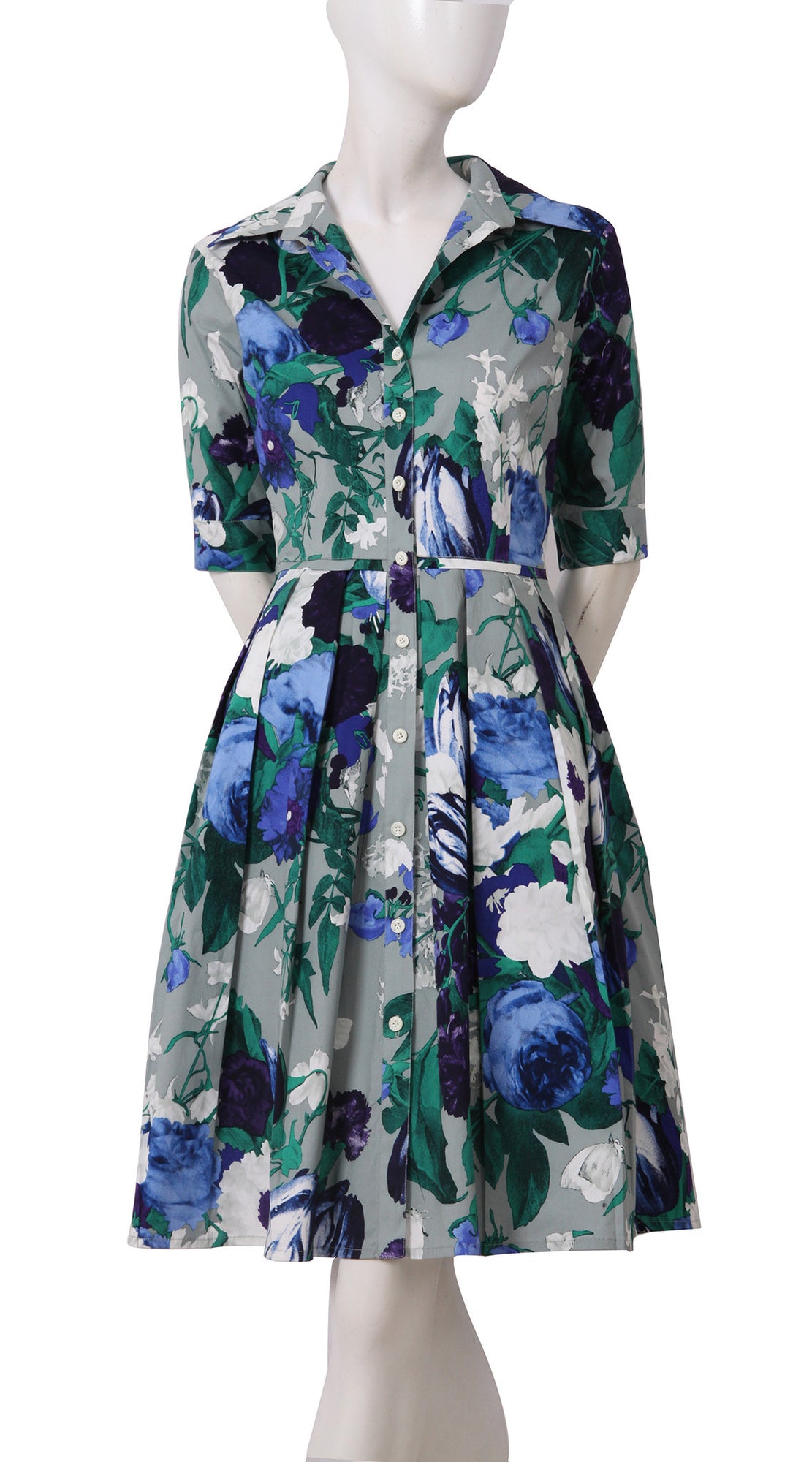 1/2 Sleeve | Bololongier Tulip | Slate Grey Teal Blue | Front | Shirt Dress By Samantha Sung