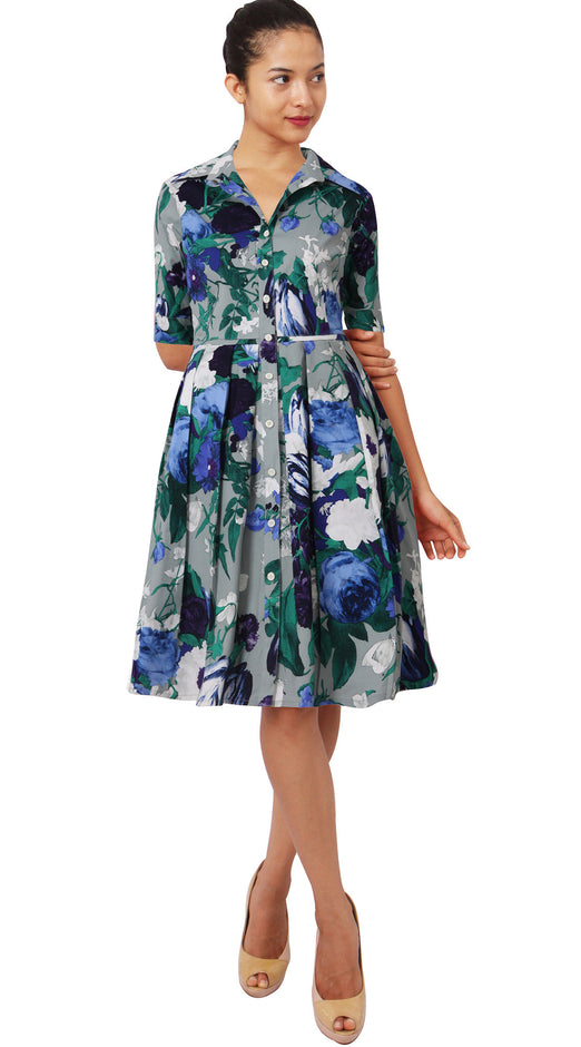 1/2 Sleeve | Bololongier Tulip | Slate Grey Teal Blue | Front | Shirt Dress By Samantha Sung