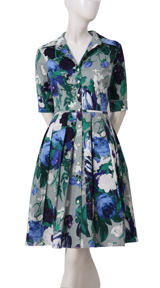 1/2 Sleeve | Bololongier Tulip | Slate Grey Teal Blue | Front | Shirt Dress By Samantha Sung