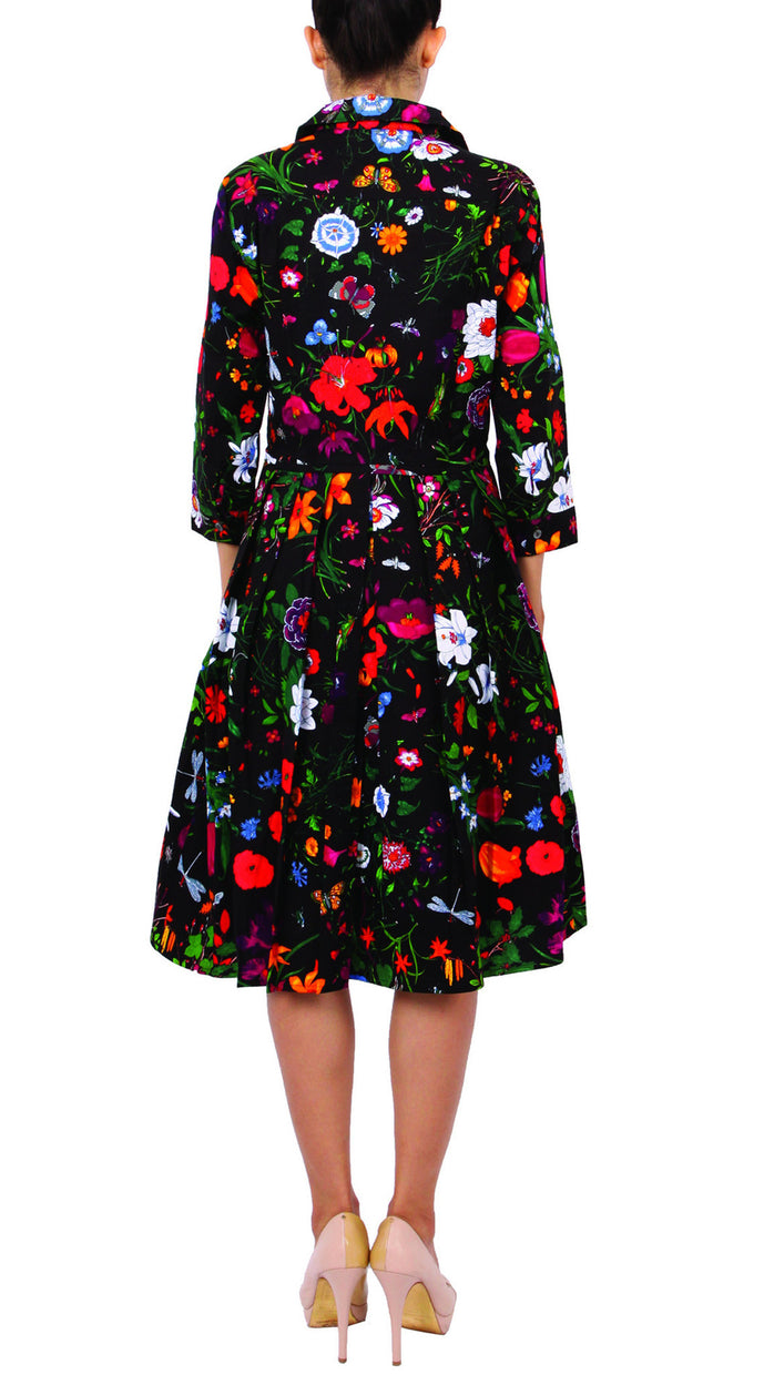 3/4 Sleeve | Botanical Garden | Black Indian Red | Back | Shirt Dress By Samantha Sung