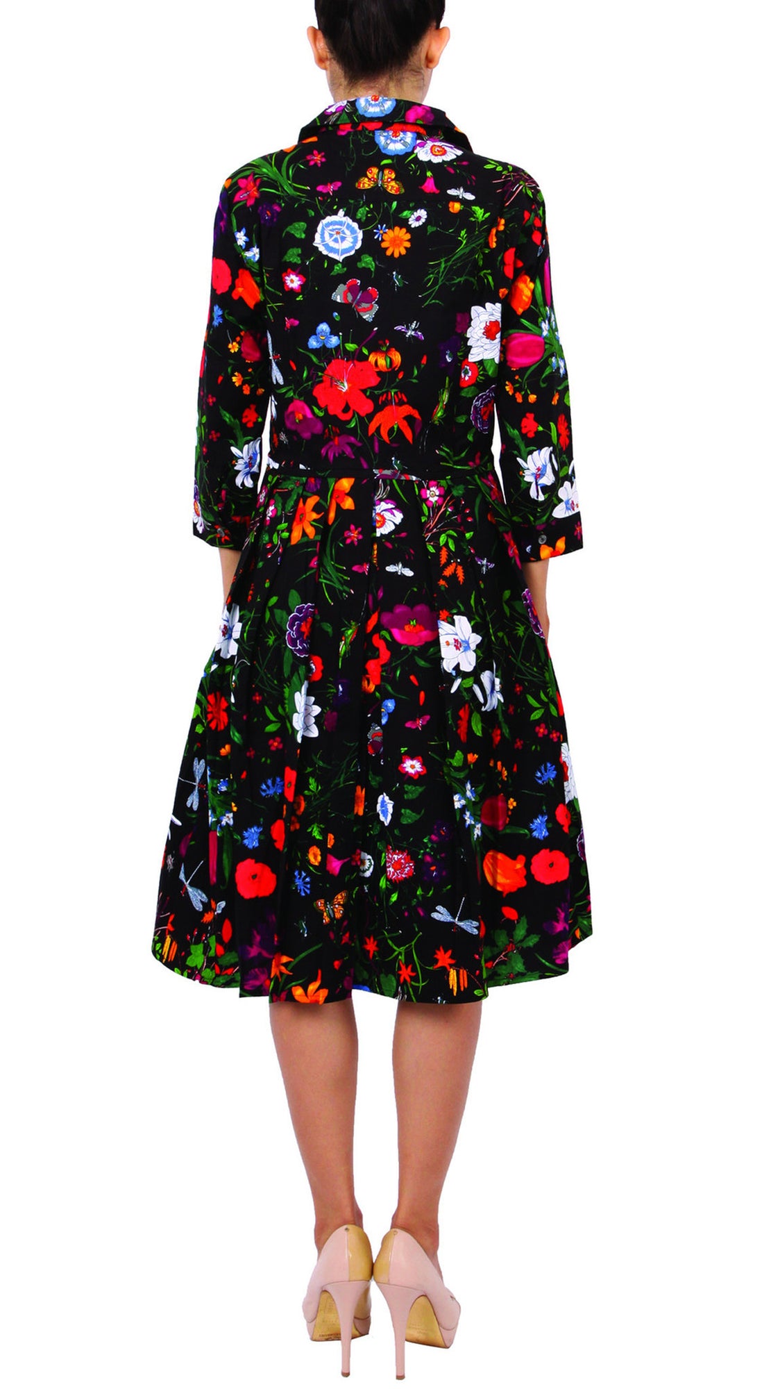 3/4 Sleeve | Botanical Garden | Black Indian Red | Back | Shirt Dress By Samantha Sung