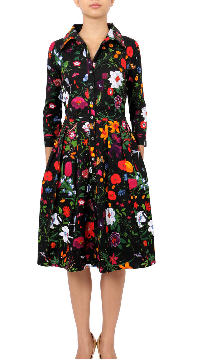 3/4 Sleeve | Botanical Garden | Black Indian Red | Front | Shirt Dress By Samantha Sung