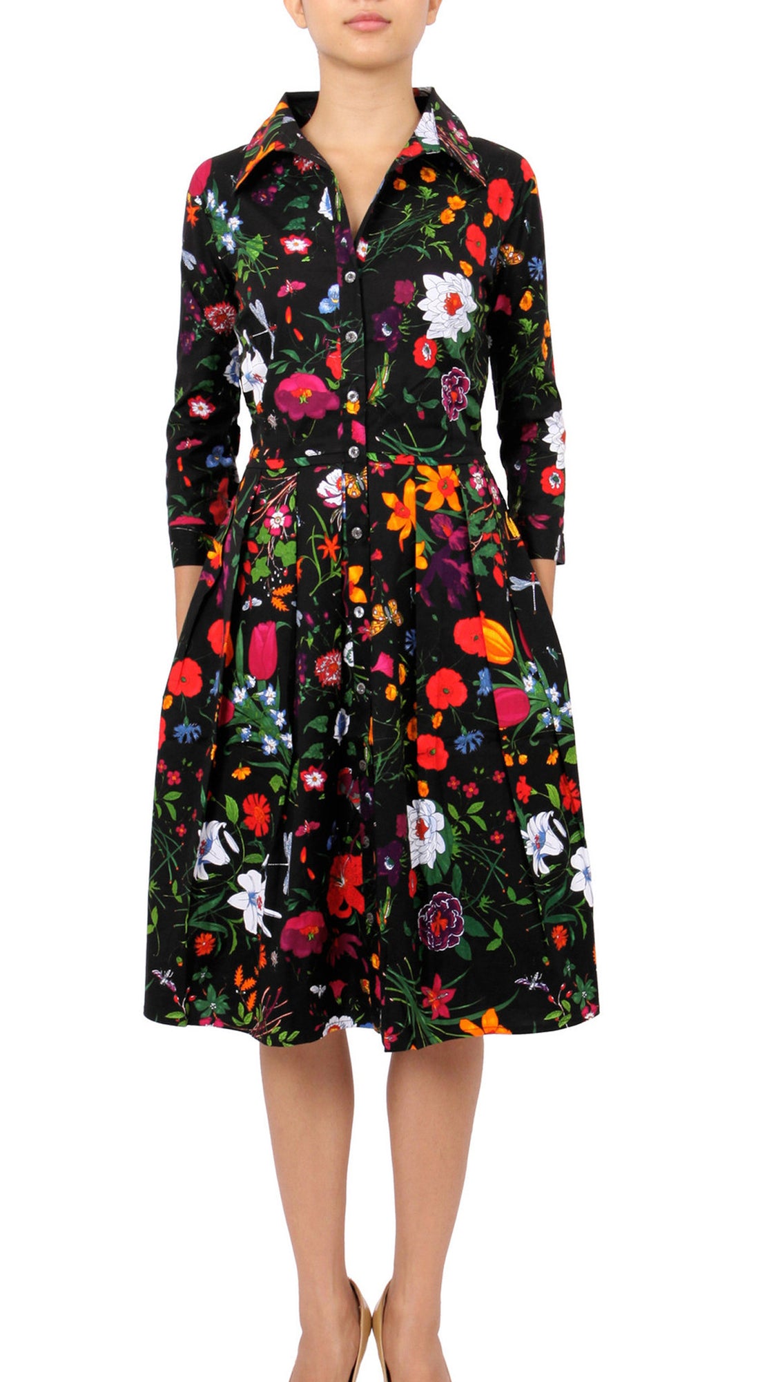 3/4 Sleeve | Botanical Garden | Black Indian Red | Front | Shirt Dress By Samantha Sung