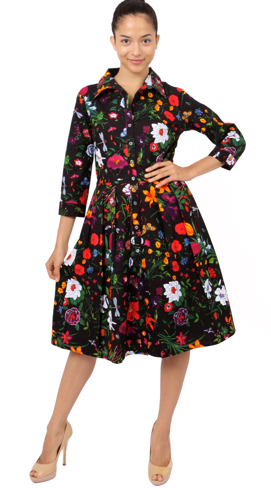 3/4 Sleeve | Botanical Garden | Black Indian Red | Front-1 | Shirt Dress By Samantha Sung