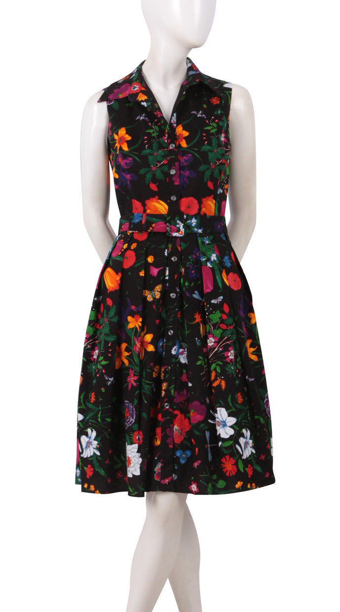 Sleeveless | Botanical Garden | Black Indian Red | Front | Shirt Dress By Samantha Sung
