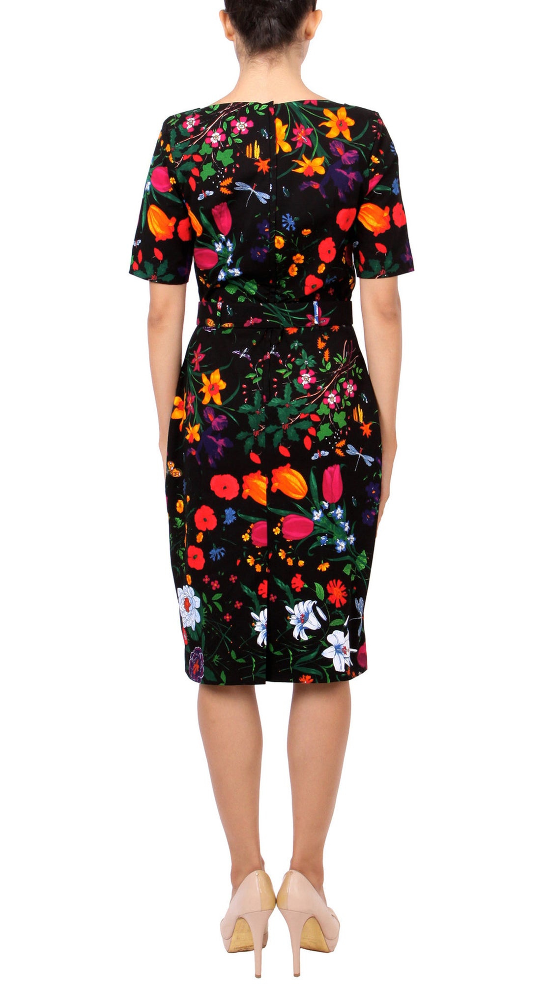 1/2 Sleeve | Botanical Garden | Black Indian Red | Back | Dress By Samantha Sung