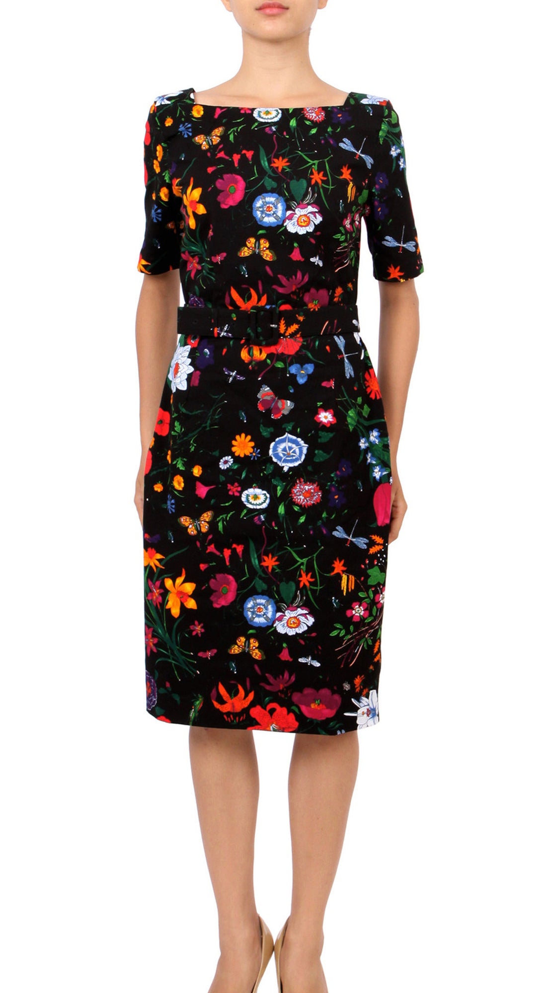 1/2 Sleeve | Botanical Garden | Black Indian Red | Front | Dress By Samantha Sung