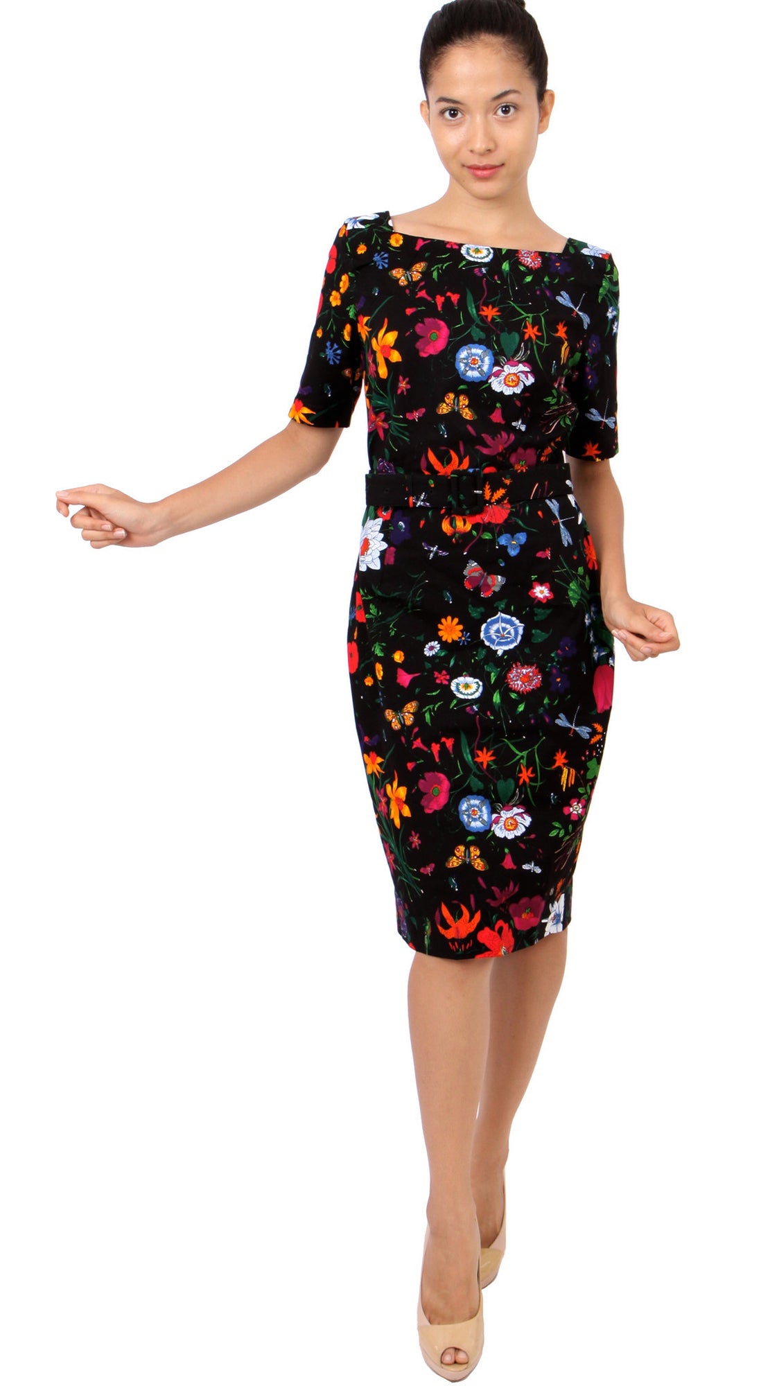 1/2 Sleeve | Botanical Garden | Black Indian Red | Front-1 | Dress By Samantha Sung