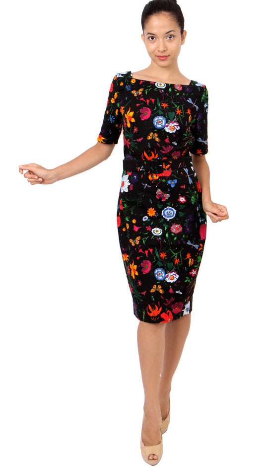 1/2 Sleeve | Botanical Garden | Black Indian Red | Front-1 | Dress By Samantha Sung
