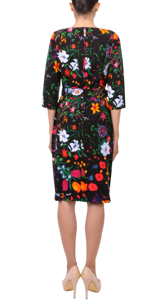 3/4 Sleeve | Botanical Garden | Black Indian Red | Back | Dress By Samantha Sung
