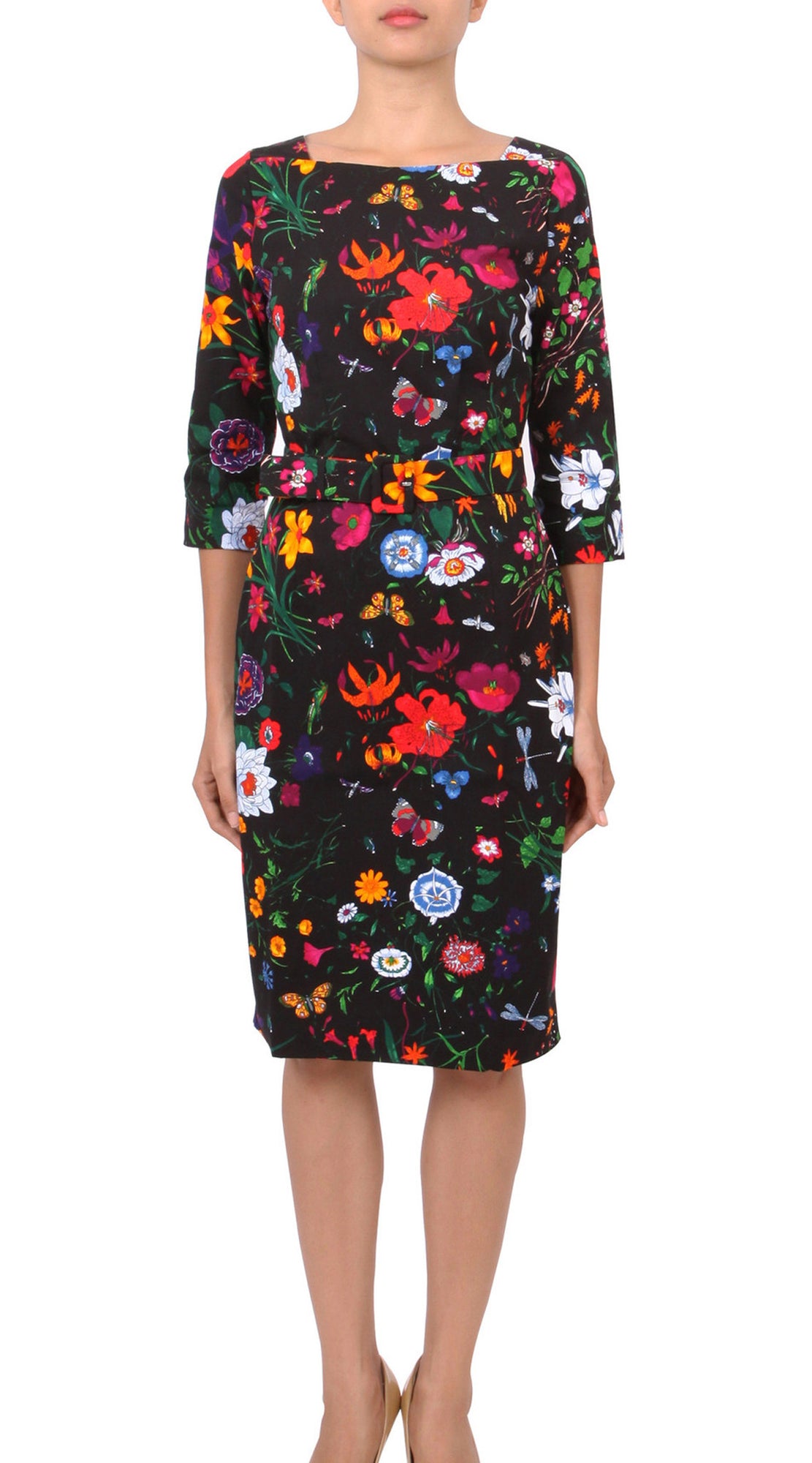 3/4 Sleeve | Botanical Garden | Black Indian Red | Front | Dress By Samantha Sung