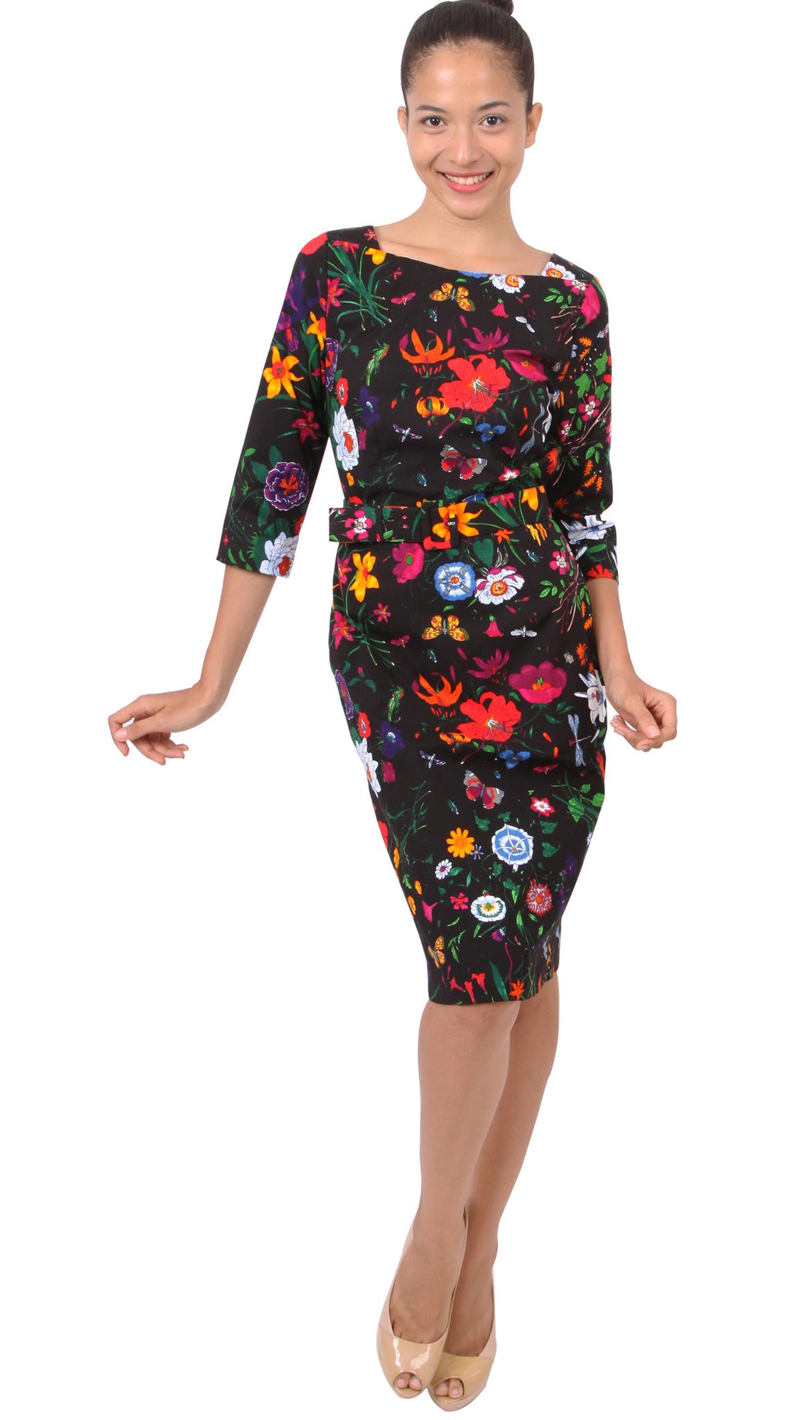 3/4 Sleeve | Botanical Garden | Black Indian Red | Front-1 | Dress By Samantha Sung