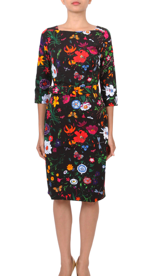 3/4 Sleeve | Botanical Garden | Black Indian Red | Front-1 | Dress By Samantha Sung