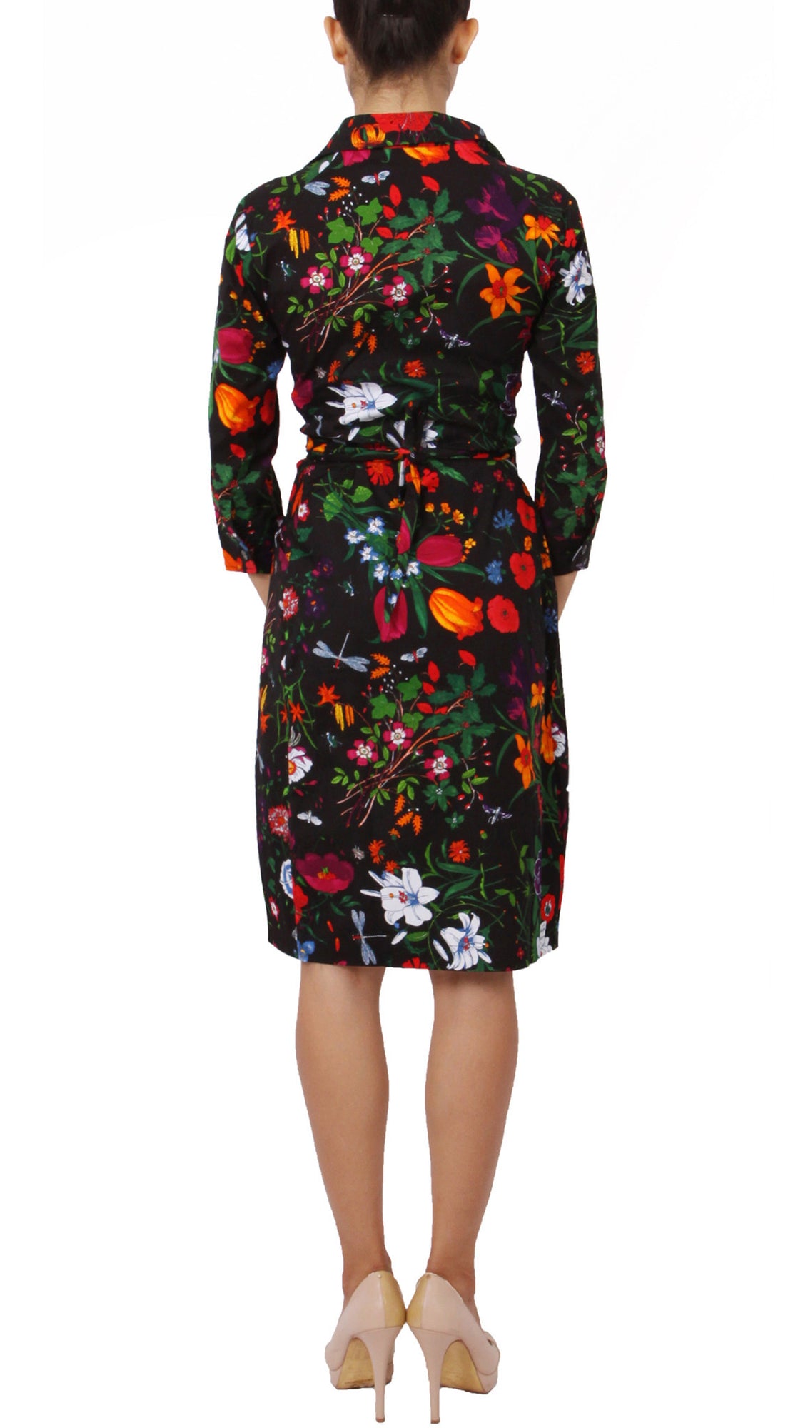 3/4 Sleeve | Botanical Garden | Black Indian Red | Back | Shirt Dress By Samantha Sung