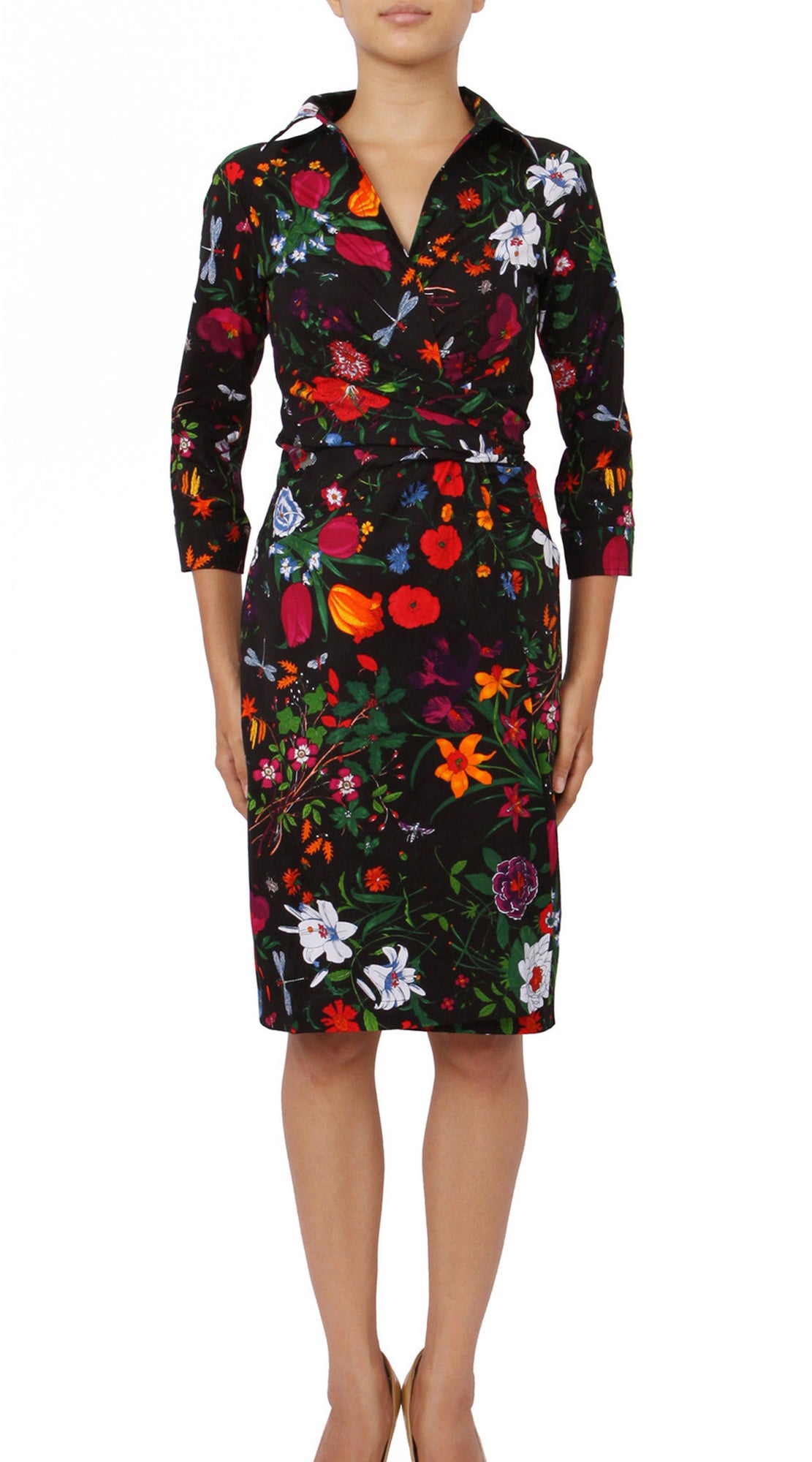3/4 Sleeve | Botanical Garden | Black Indian Red | Front | Shirt Dress By Samantha Sung