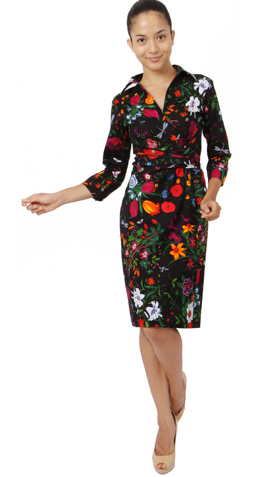 3/4 Sleeve | Botanical Garden | Black Indian Red | Front-1 | Shirt Dress By Samantha Sung